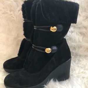 COACH Suede Wedge Boots Faux Fur Black